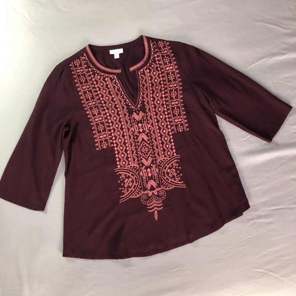 J Jill Women's Embroidered Top V-Neck Tunic 3/4 Sleeves Cotton Petite Small Boho